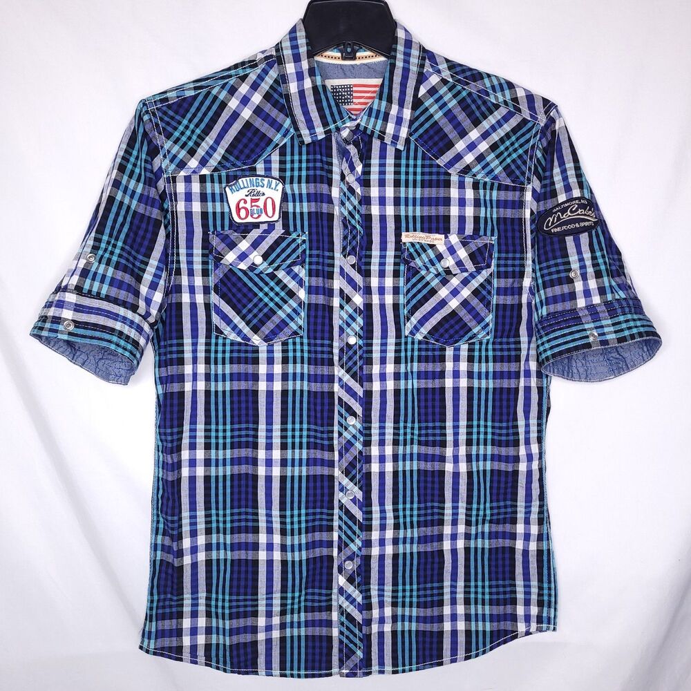 Rolling Papers Shirt Mens Medium Plaid Blue, White Pearl Snap Western